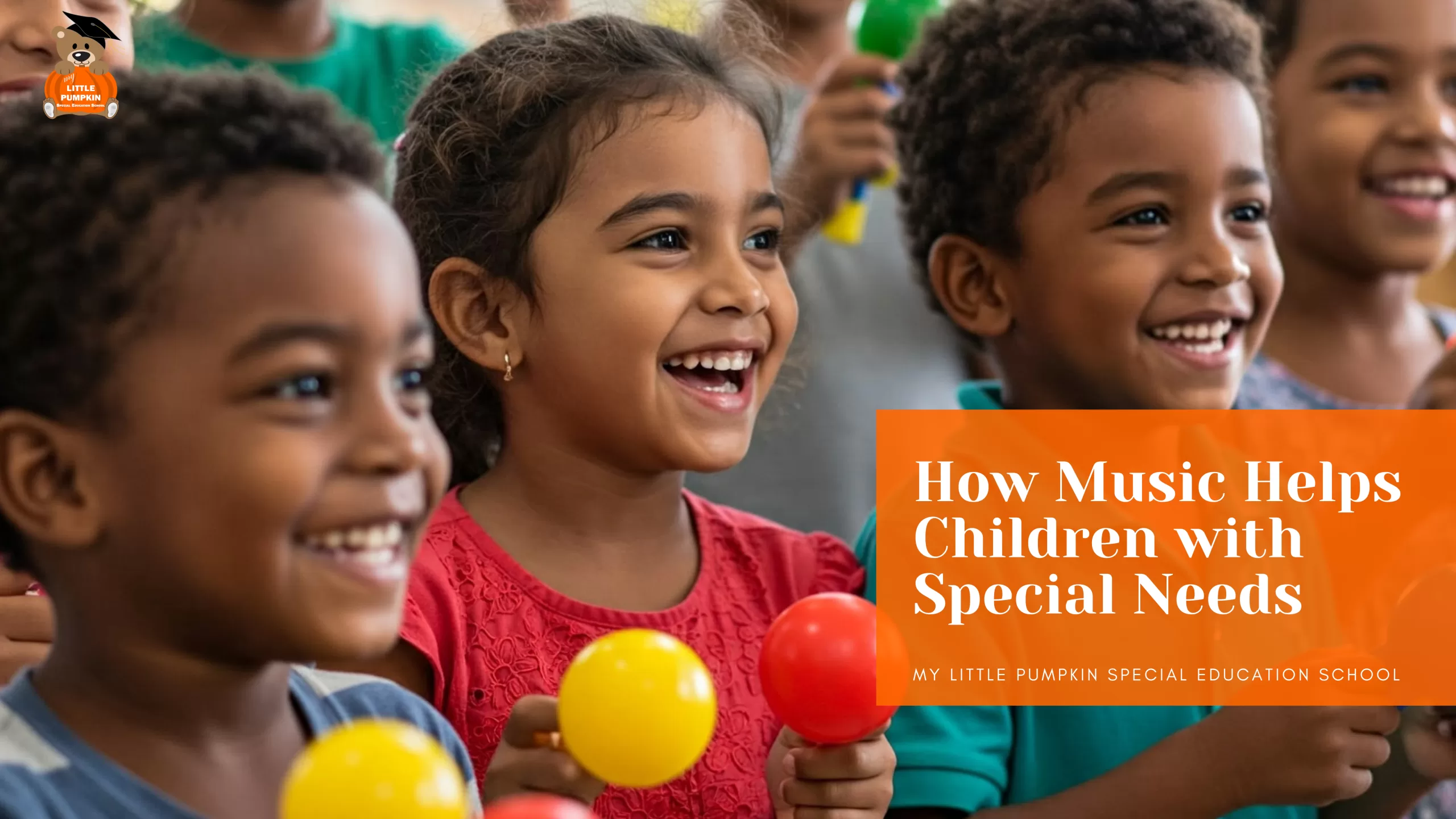 Diverse group of happy children with special needs engaging in a music activity