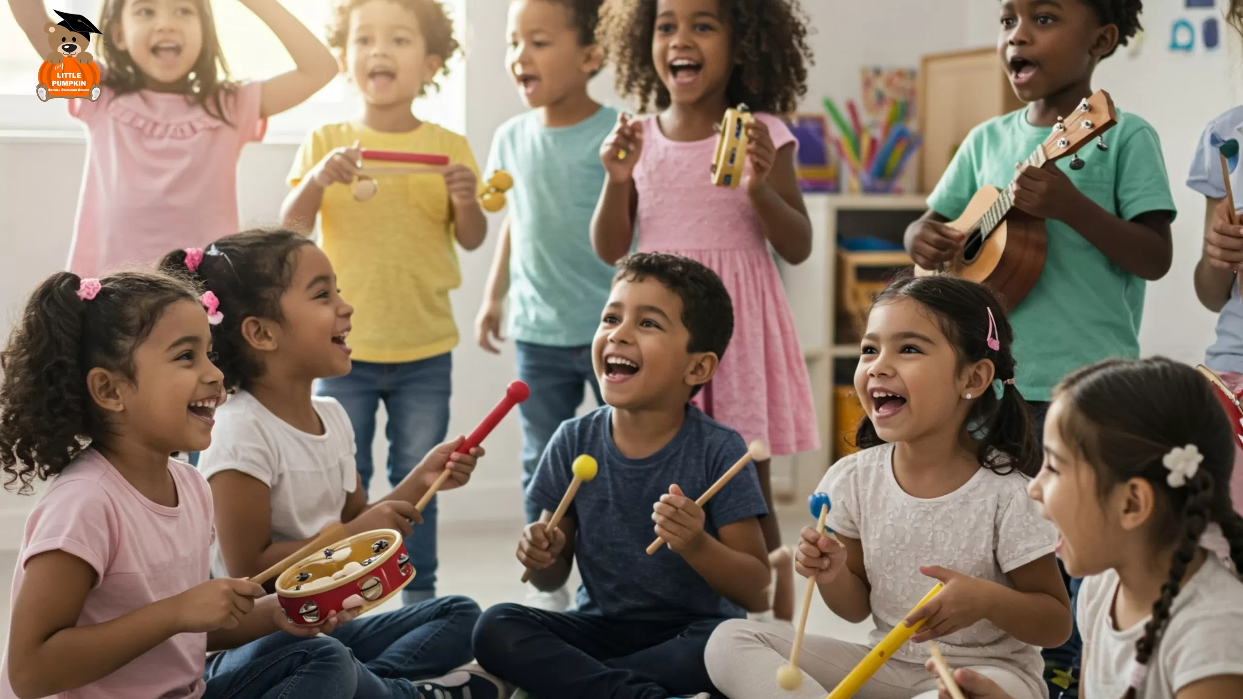 Children with special needs playing various small percussion instruments together with smiles