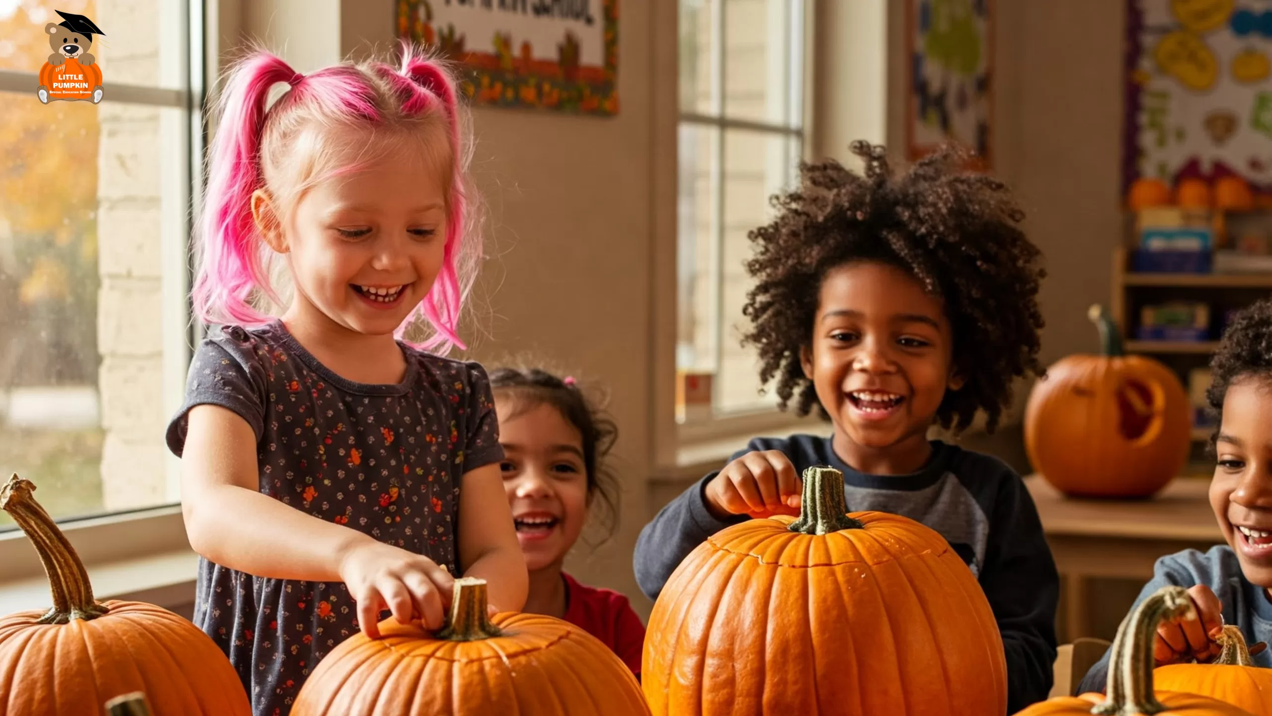Children with special needs happily carving pumpkins together