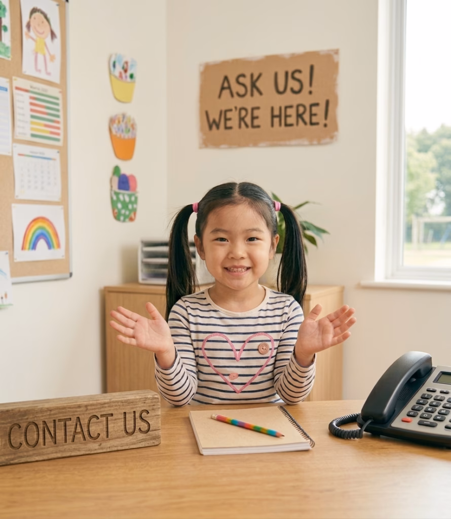 An East Asian young girl with dark hair in pigtails smiles warmly while sitting behind a wooden desk, her hands raised in a welcoming gesture. She is wearing a striped long-sleeve shirt with a pink heart on the front. On the desk in front of her are a notebook, a colorful pencil, a black office telephone, and a wooden block that reads "CONTACT US."